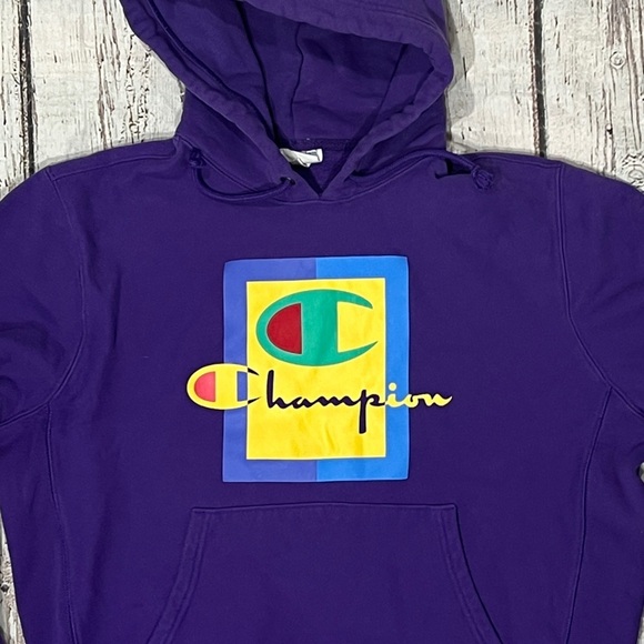 Champion Reverse Weave Purple Logo Hoodie Pullover Sweatshirt - Picture 2 of 5